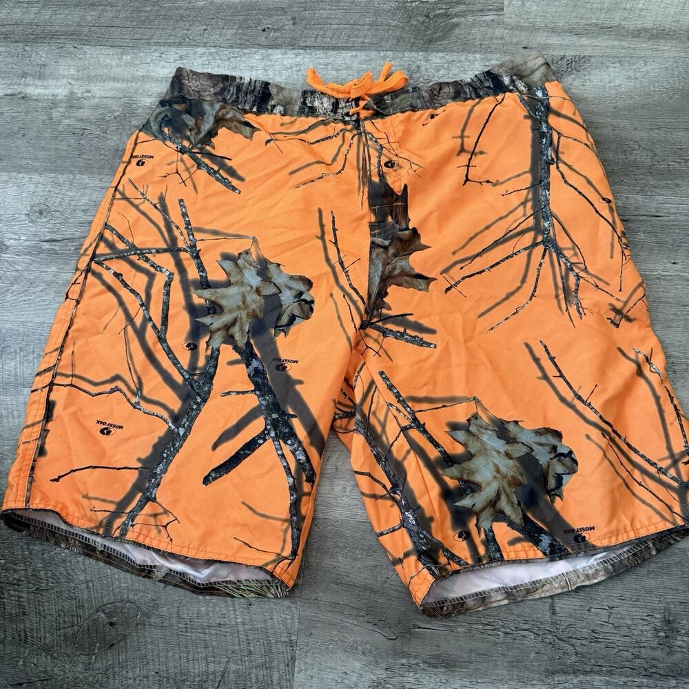 Mossy Oak Woodland Camo Boardshorts Mens Large Orange Swim Shorts Quick Dry